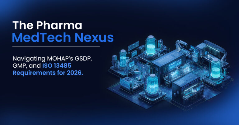 Integrated UAE healthcare compliance framework showing Tatmeen track-and-trace integration with GMP, GSDP, and ISO 13485 standards for 2026.