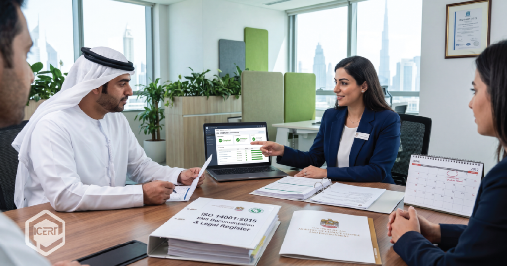 Verified environmental auditing process for UAE Climate Change Law compliance using ISO 14001 management systems.
