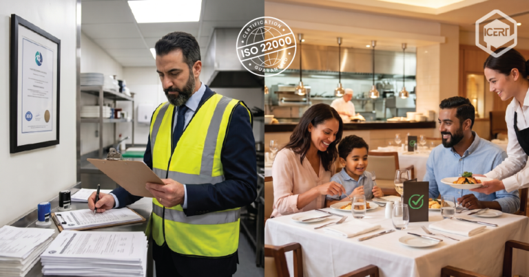 Professional kitchen team monitoring food safety and hygiene protocols to achieve ISO 22000 compliance in the UAE and GCC.