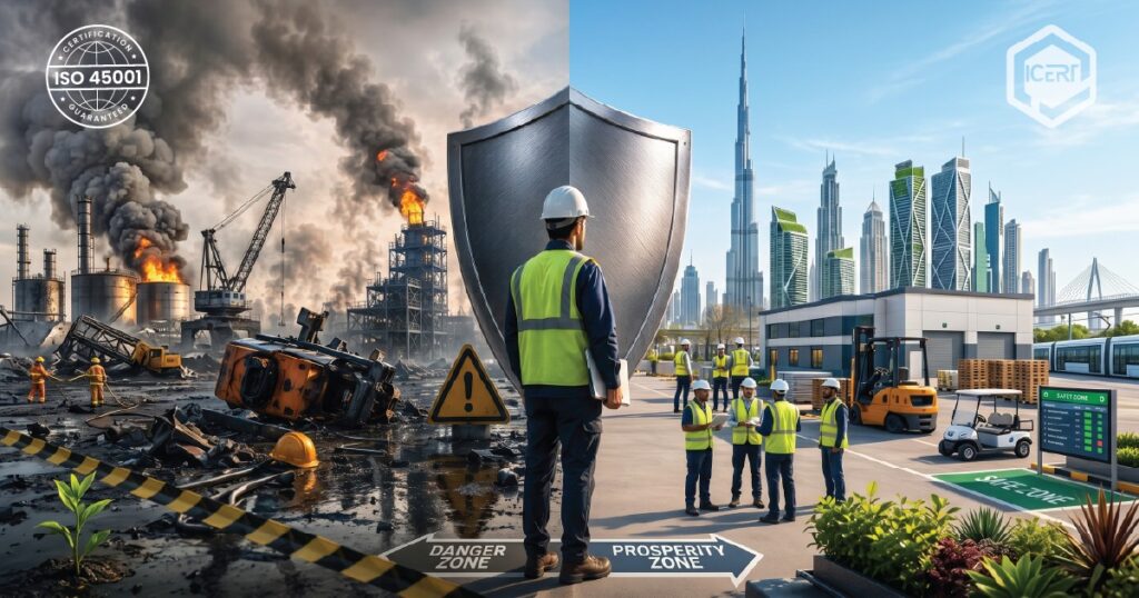 Image Alt Text: Safety management and hazard assessment protocols for industrial compliance with ISO 45001 requirements in the UAE and GCC.